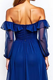 Royal Blue Off the Shoulder Chiffon Knee-Length Formal Dress with Ruffles