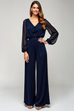 Navy Chiffon V-Neck Long Formal Jumpsuit with Long Sheer Sleeves