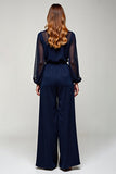 Navy Chiffon V-Neck Long Formal Jumpsuit with Long Sheer Sleeves