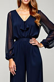 Navy Chiffon V-Neck Long Formal Jumpsuit with Long Sheer Sleeves