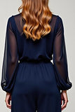 Navy Chiffon V-Neck Long Formal Jumpsuit with Long Sheer Sleeves