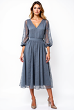 A Line Grey V-Neck Embroidered Tea-Length Formal Dress