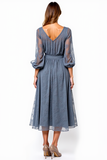 A Line Grey V-Neck Embroidered Tea-Length Formal Dress
