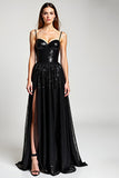 Sparkly Black Spaghetti Straps A Line Long Formal Dress with Slit