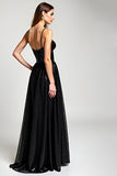 Sparkly Black Spaghetti Straps A Line Long Formal Dress with Slit