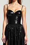 Sparkly Black Spaghetti Straps A Line Long Formal Dress with Slit