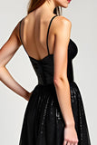 Sparkly Black Spaghetti Straps A Line Long Formal Dress with Slit