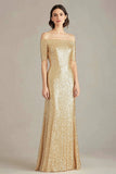 Sparkly Gold Off the Shoulder Hlaf Sleeves Sheath Long Formal Dress