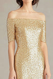 Sparkly Gold Off the Shoulder Hlaf Sleeves Sheath Long Formal Dress