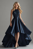 A Line Navy Satin Sleeveless High-Low Elegant Formal Dress