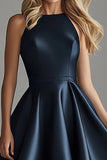 A Line Navy Satin Sleeveless High-Low Elegant Formal Dress