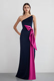 Navy Fuchsia One Shoulder Satin Sheath Maxi Formal Dress