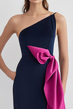 Navy Fuchsia One Shoulder Satin Sheath Maxi Formal Dress