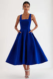 A Line Royal Blue Square Neck Satin Tea-Length Formal Dress