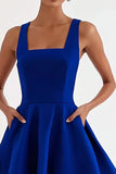 A Line Royal Blue Square Neck Satin Tea-Length Formal Dress