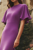 Plum Flutter Sleeves Sheath Tea-Length Formal Dress