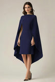 Navy Sheath Satin Midi Formal Dress with Cape