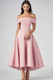 Off the Shoulder Pink A Line Tea-Length Pretty Formal Dress