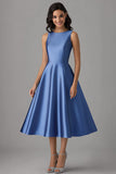 A Line Satin Blue Scoop Neck Tea-Length Formal Dress