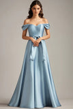 A Line Sky Blue Off the Shoulder Satin Long Formal Dress with Bowknot