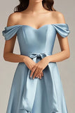 A Line Sky Blue Off the Shoulder Satin Long Formal Dress with Bowknot