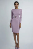 Lilac Round Neck Sheath Knee Length Elegant Formal Dress with Belt