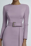 Lilac Round Neck Sheath Knee Length Elegant Formal Dress with Belt