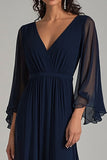 Navy V-Neck Chiffon Long Formal Dress with Ruffle Sleeves