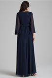 Navy V-Neck Chiffon Long Formal Dress with Ruffle Sleeves