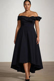 Black Off the Shoulder Plus Size Ruffled A Line Tea-Length Formal Dress