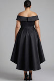 Black Off the Shoulder Plus Size Ruffled A Line Tea-Length Formal Dress