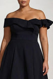 Black Off the Shoulder A Line Ruffled Tea-Length Formal Dress