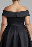 Black Off the Shoulder A Line Ruffled Tea-Length Formal Dress