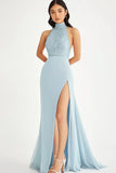 Halter Sky Blue Beaded Sheath Long Formal Dress with Slit