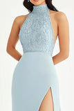 Halter Sky Blue Beaded Sheath Long Formal Dress with Slit