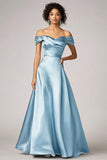 Sky Blue Off the Shoulder A Line Satin Long Formal Dress