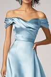 Sky Blue Off the Shoulder A Line Satin Long Formal Dress