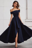 Black Off the Shoulder A Line Long Formal Dress with Slit