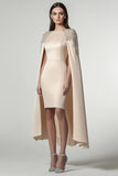 Champagne Satin Sheath Knee-Length Formal Dress with Cape