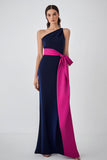 Sheath Navy Fuchsia One Shoulder Long Formal Dress with Sash