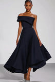 Navy Off the Shoulder A Line Asymmetrical Formal Dress
