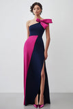 Navy Fuchsia One Shoulder Bowknot Sheath Long Formal Dress with Slit