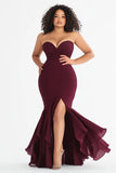 Burgundy Plus Size Strapless Mermaid Sweetheart Formal Dress with Slit