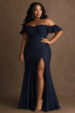 Navy Plus Size Satin Off the Shoulder Sheath Formal Dress with Slit