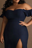 Navy Plus Size Satin Off the Shoulder Sheath Formal Dress with Slit