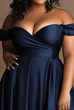 Navy Plus Size Off the Shoulder Long Satin A Line Formal Dress with Slit