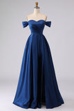 Royal Blue Plus Size Satin Off the Shoulder Long A Line Formal Dress with Slit