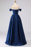Royal Blue Plus Size Satin Off the Shoulder Long A Line Formal Dress with Slit