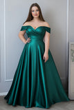 Dark Green Plus Size Off the Shoulder A Line Long Satin Formal Dress