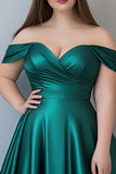Dark Green Plus Size Off the Shoulder A Line Long Satin Formal Dress